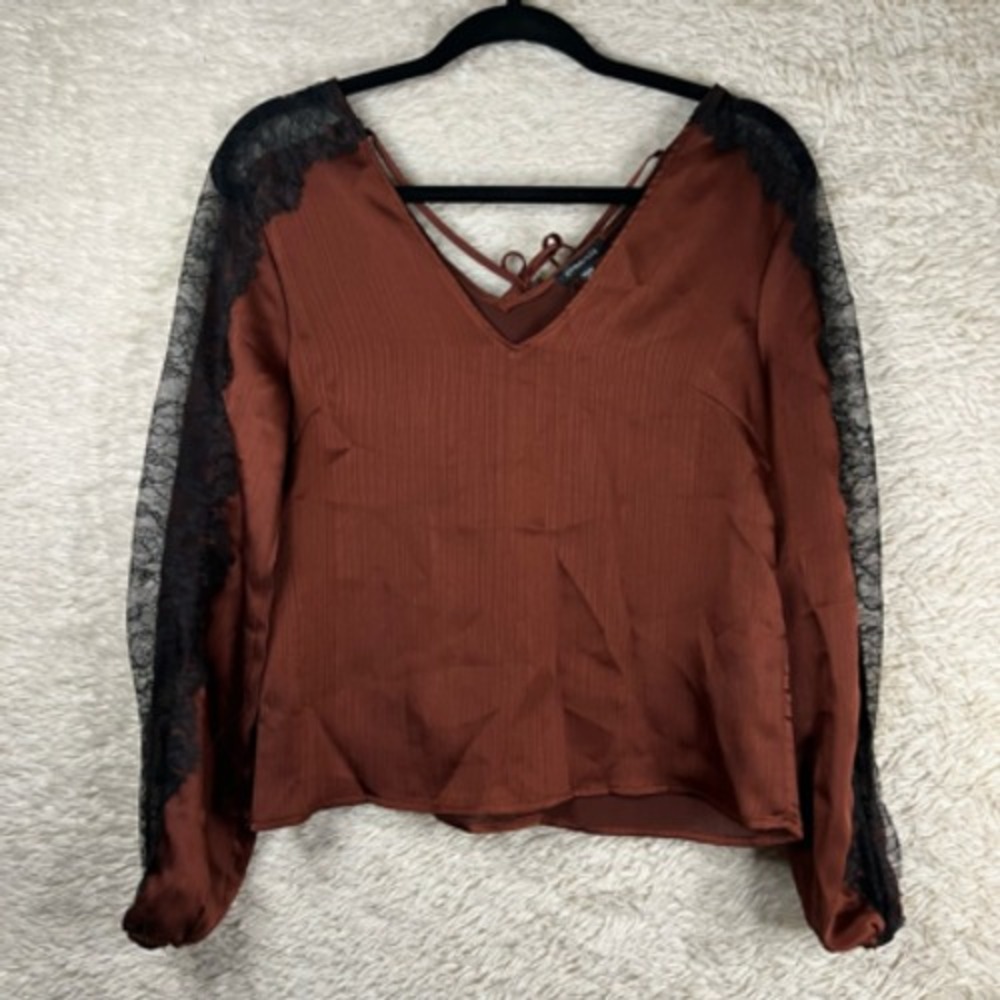 Dynamite Womens XXS Blouse Orange Black Long Sleeve V Neck Back Tie Lace New